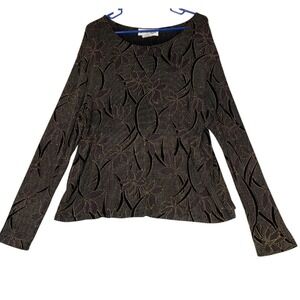 Christine Gerard 3X Top Black Gold‎ Floral Embossed Long Sleeve Stretch Vintage